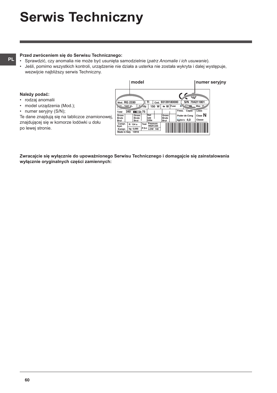 Serwis techniczny, Model numer seryjny | Indesit NCAA-55 User Manual | Page 60 / 72