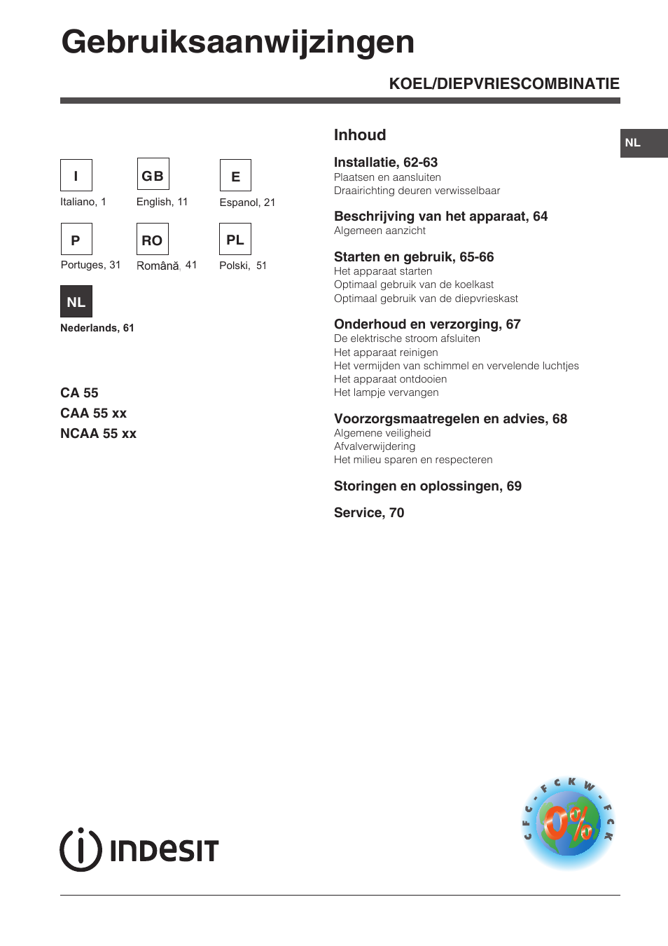 Gebruiksaanwijzingen, Koel/diepvriescombinatie inhoud | Indesit NCAA-55 User Manual | Page 61 / 72