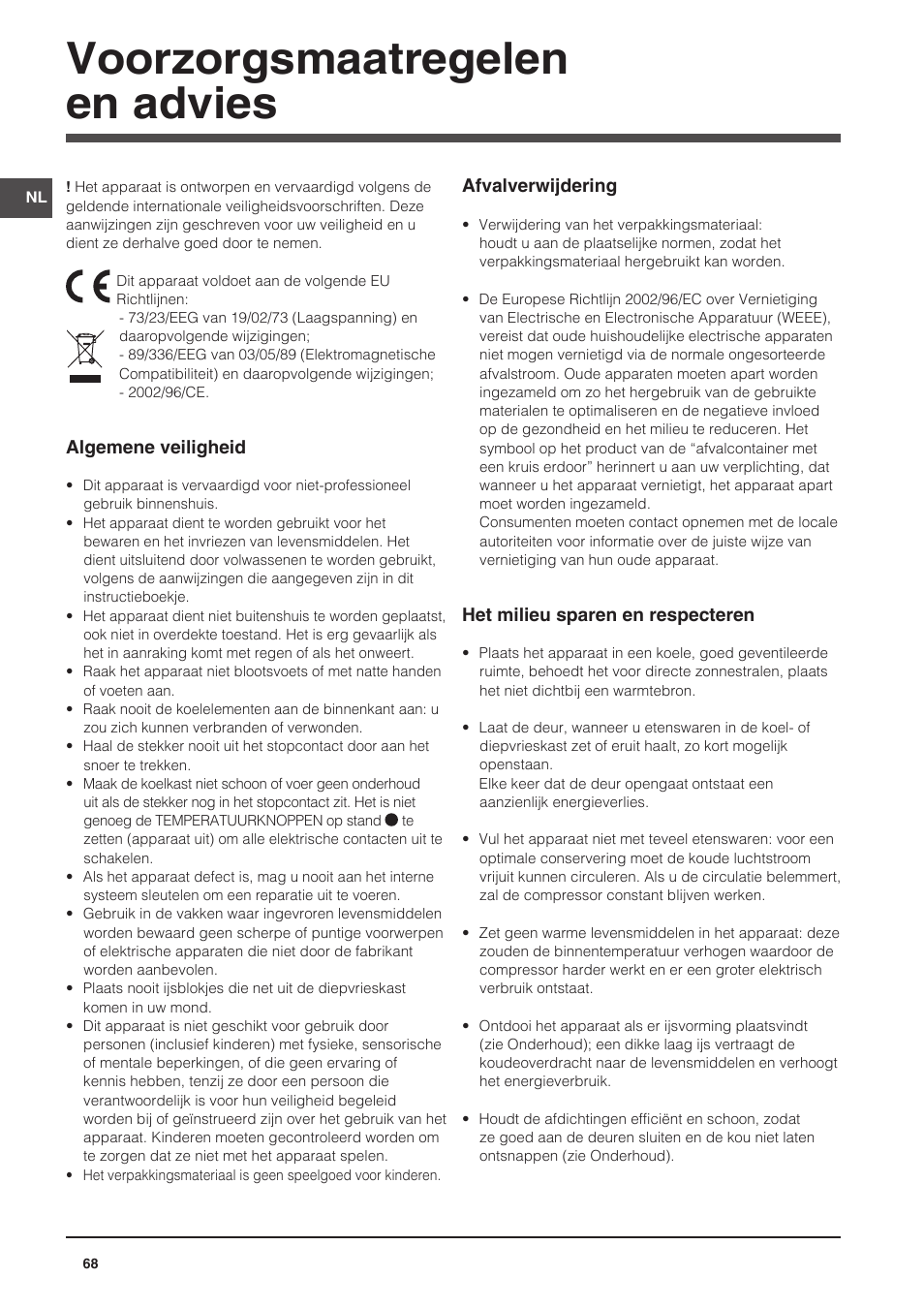 Voorzorgsmaatregelen en advies | Indesit NCAA-55 User Manual | Page 68 / 72