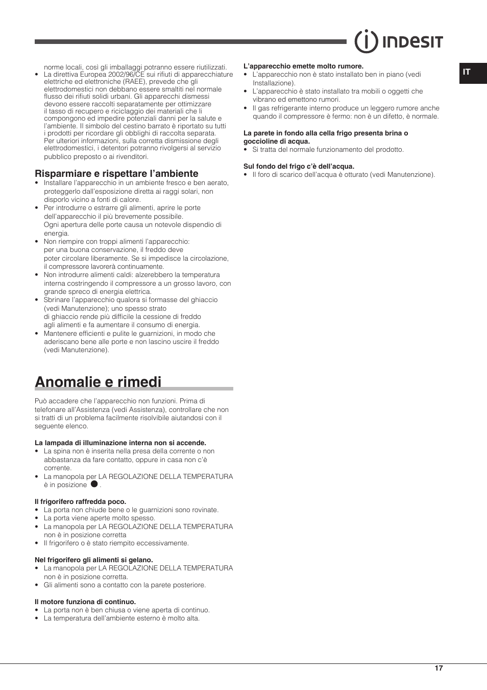 Anomalie e rimedi, Risparmiare e rispettare l’ambiente | Indesit TAAN-6-FNF User Manual | Page 17 / 60