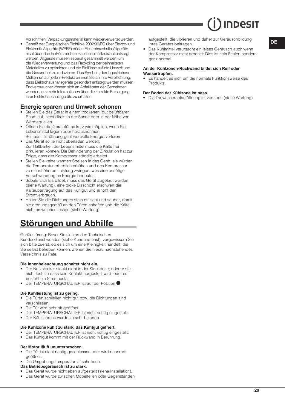 Störungen und abhilfe, Energie sparen und umwelt schonen | Indesit TAAN-6-FNF User Manual | Page 29 / 60