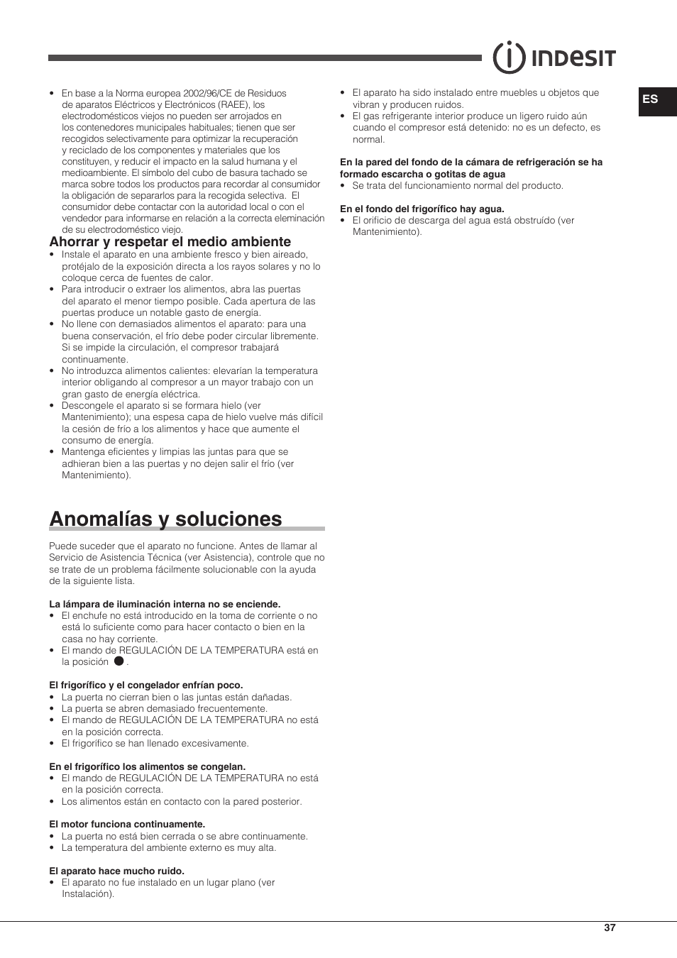 Anomalías y soluciones, Ahorrar y respetar el medio ambiente | Indesit TAAN-6-FNF User Manual | Page 37 / 60