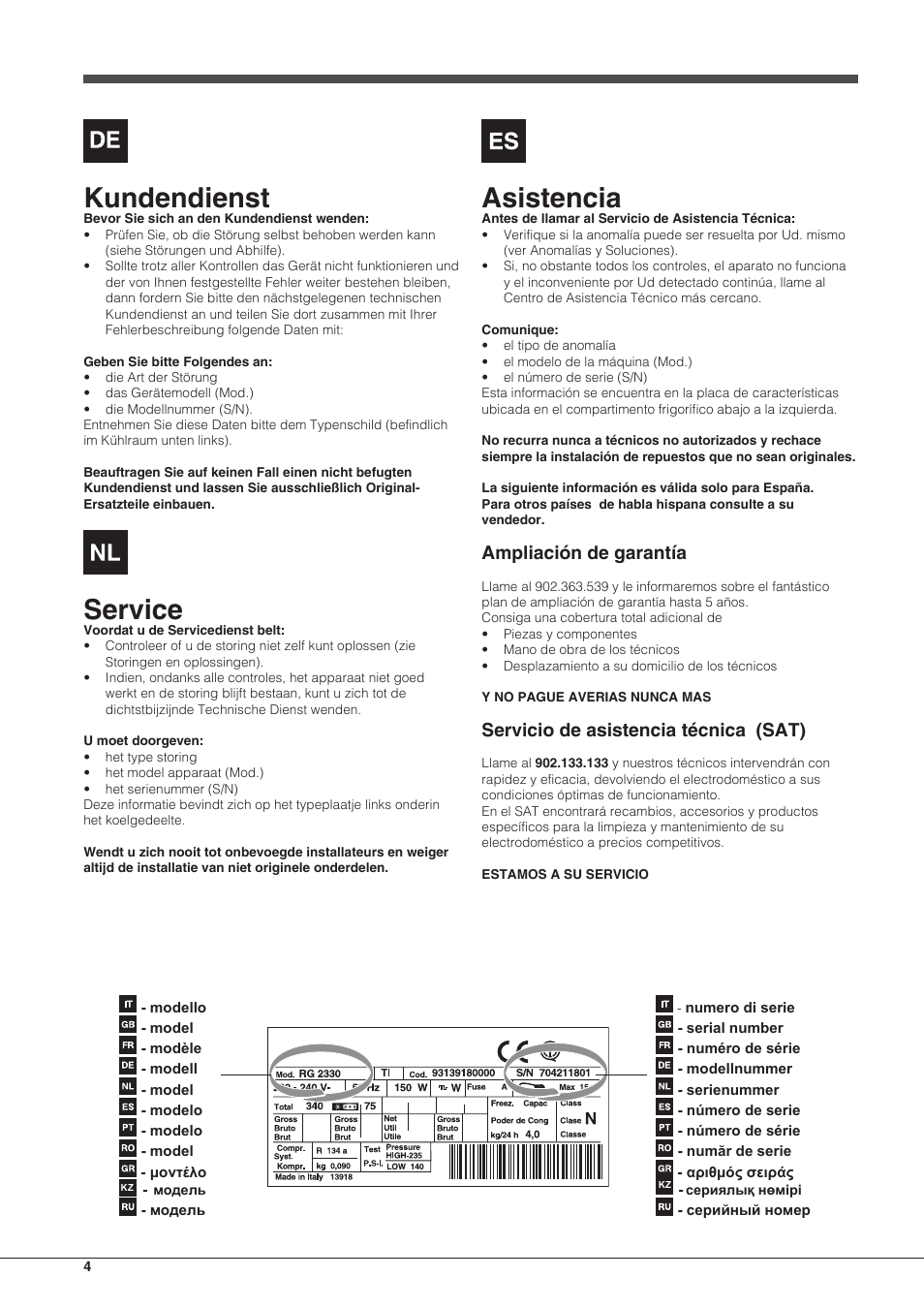 Kundendienst, Service, Asistencia | Ampliación de garantía, Servicio de asistencia técnica (sat) | Indesit TAAN-6-FNF User Manual | Page 4 / 60