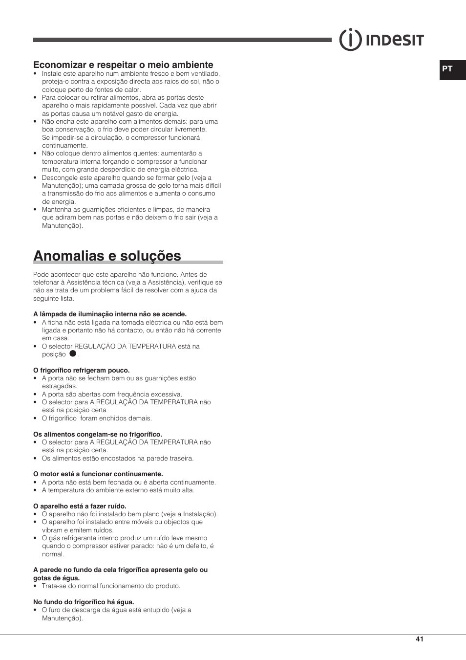 Anomalias e soluções, Economizar e respeitar o meio ambiente | Indesit TAAN-6-FNF User Manual | Page 41 / 60