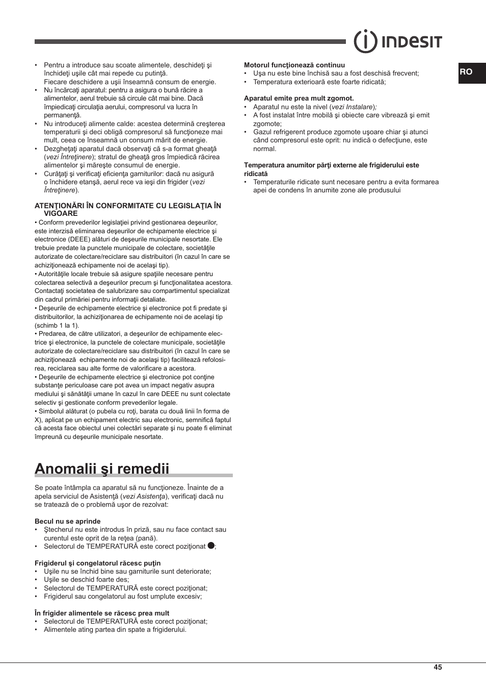 Anomalii şi remedii | Indesit TAAN-6-FNF User Manual | Page 45 / 60