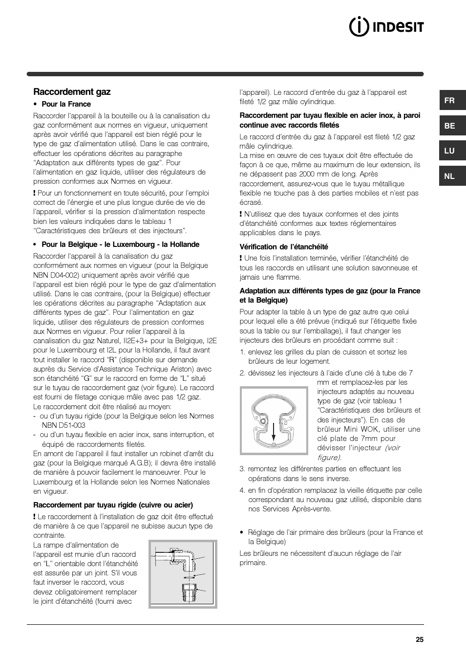 Raccordement gaz | Indesit IPG-751-S-(GR) User Manual | Page 25 / 80