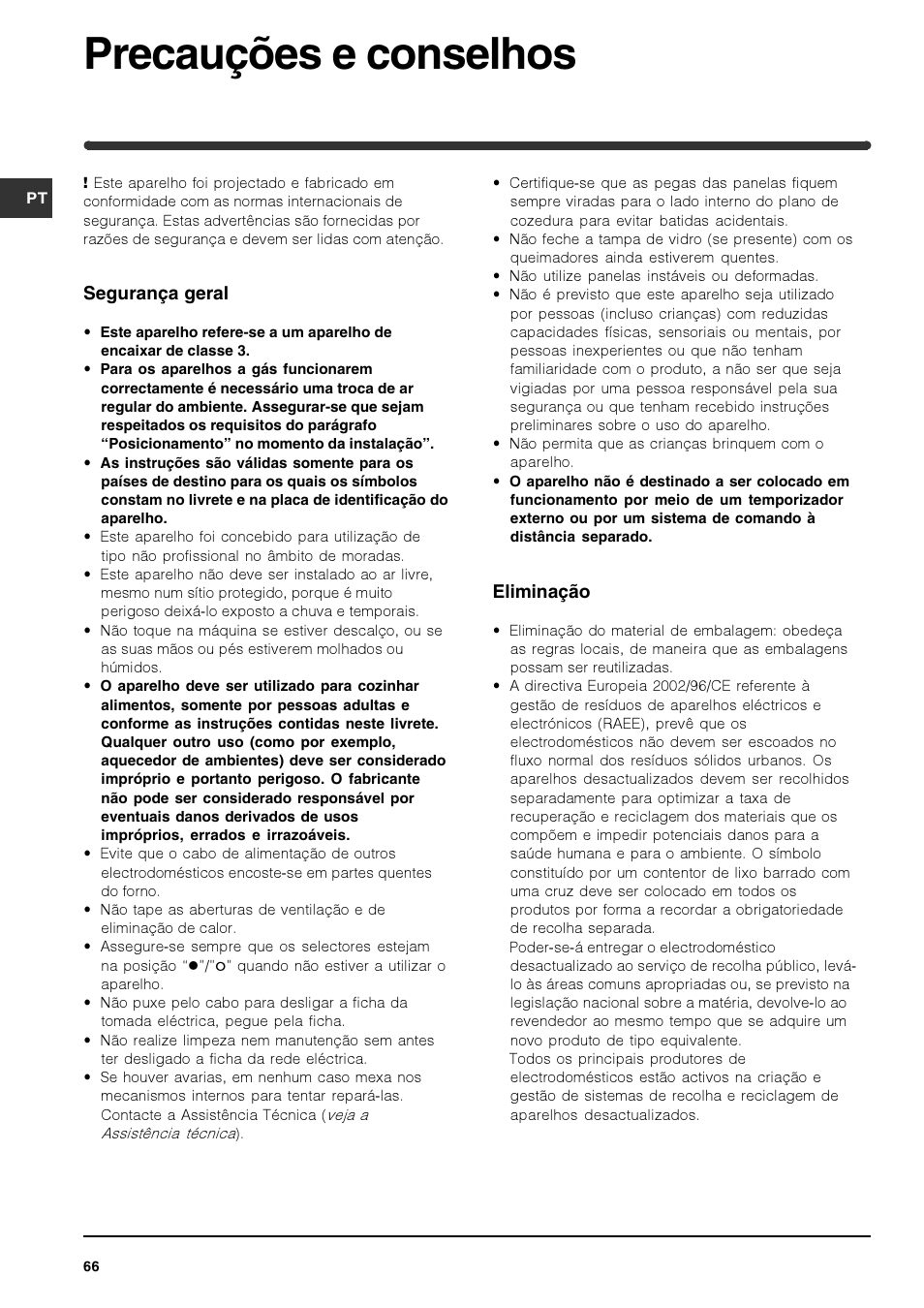 Precauções e conselhos | Indesit IPG-751-S-(GR) User Manual | Page 66 / 80