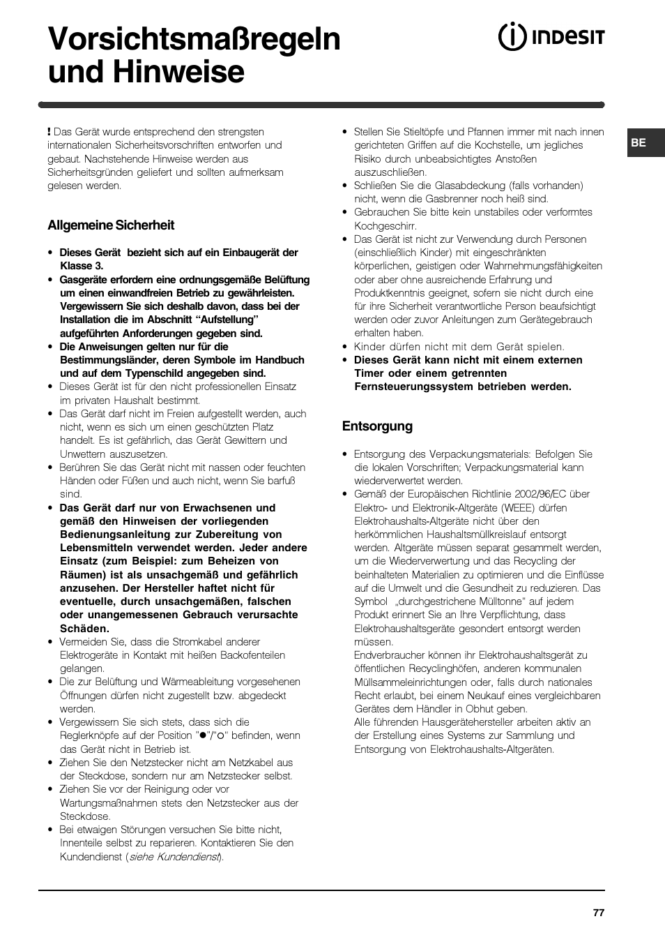 Vorsichtsmaßregeln und hinweise | Indesit IPG-751-S-(GR) User Manual | Page 77 / 80