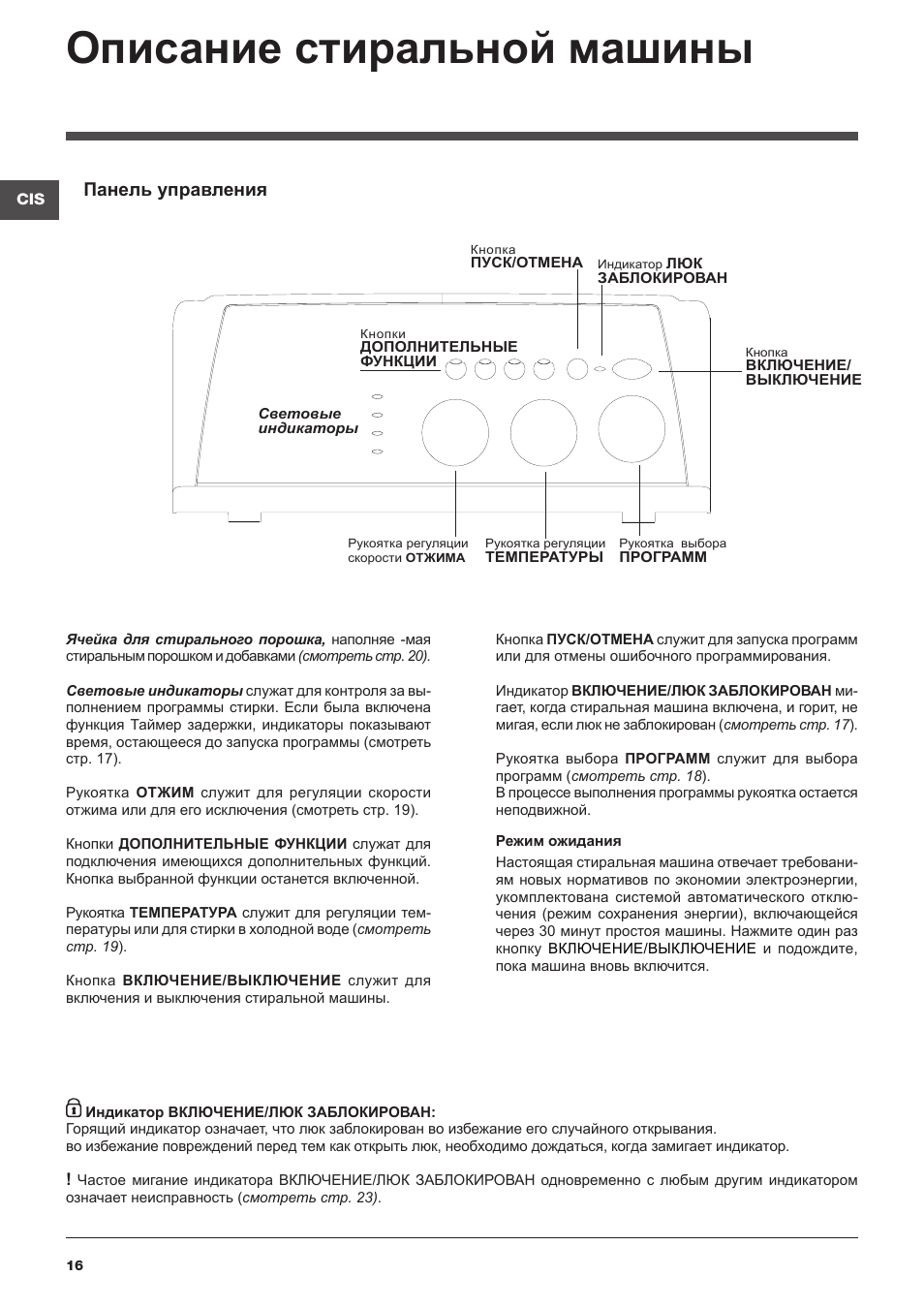 Описание стиральной машины, Панель управления | Indesit WITL-1061-(EU) User Manual | Page 16 / 92