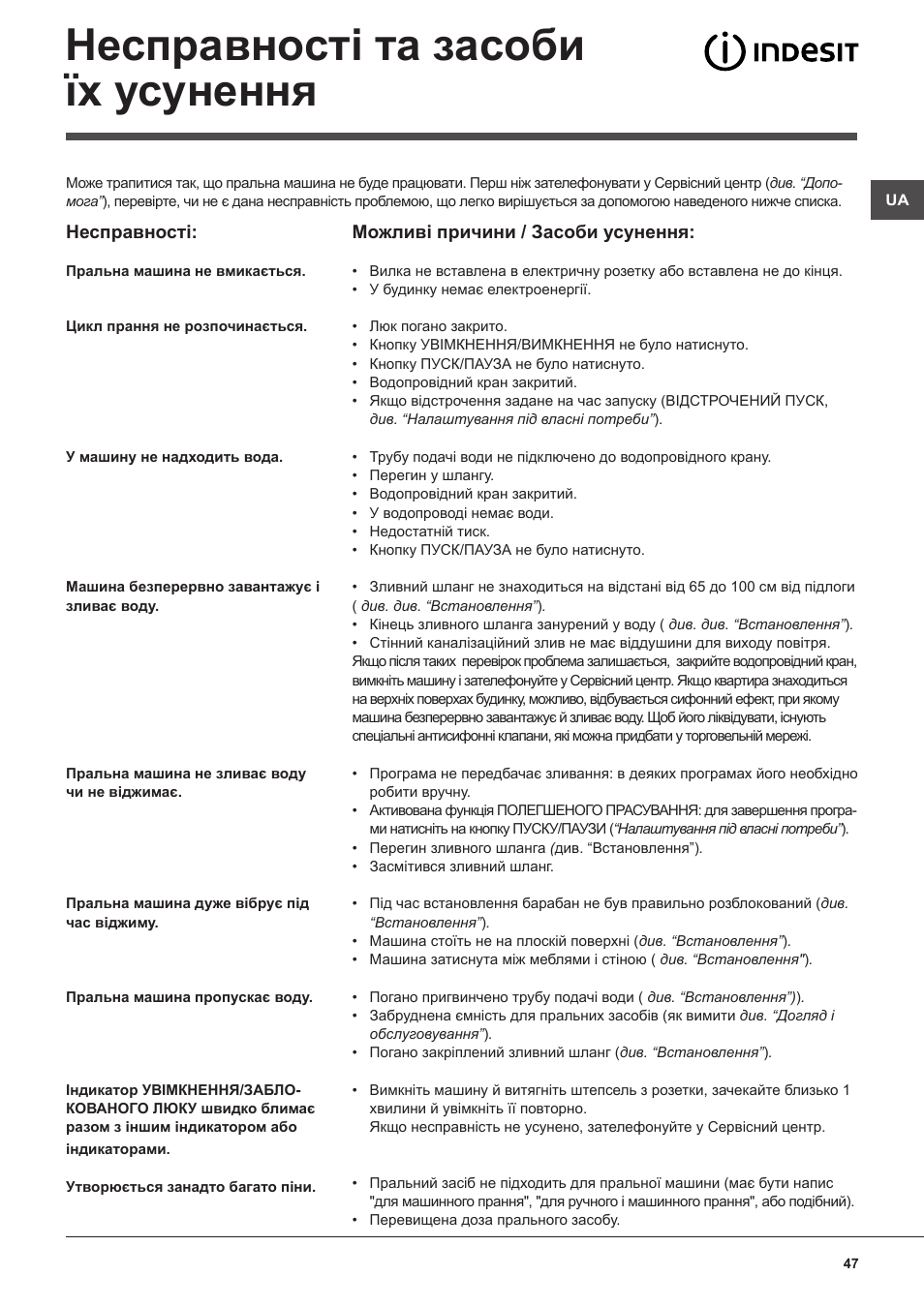 Несправності та засоби їх усунення | Indesit WITL-1061-(EU) User Manual | Page 47 / 92