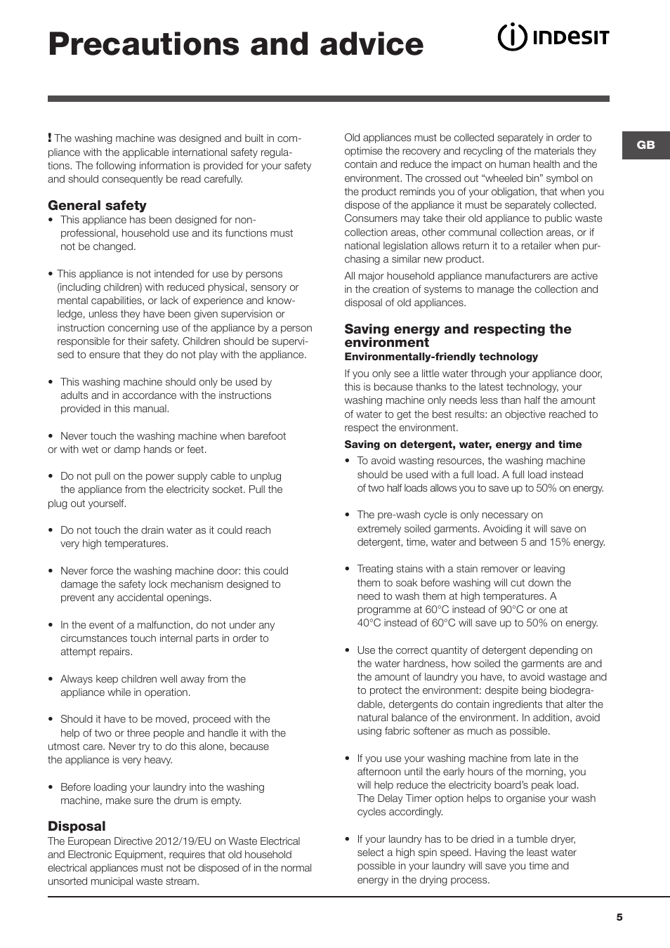 Precautions and advice | Indesit WITL-1061-(EU) User Manual | Page 5 / 92