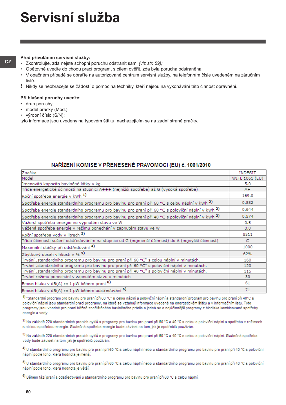 Servisní služba | Indesit WITL-1061-(EU) User Manual | Page 60 / 92
