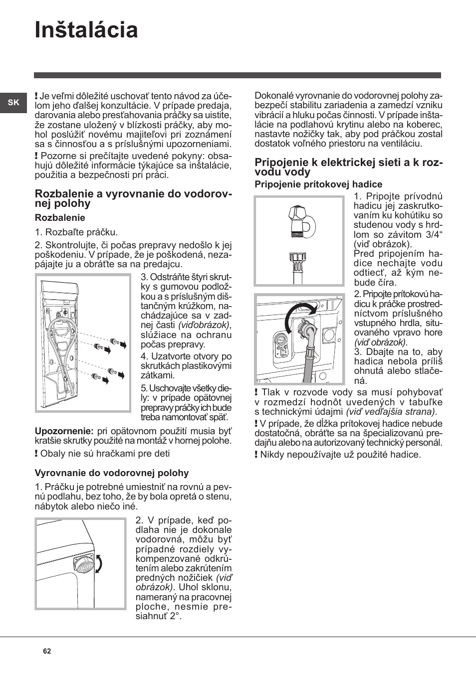 Inštalácia | Indesit WITL-1061-(EU) User Manual | Page 62 / 92