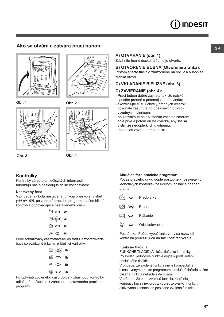 Ako sa otvára a zatvára prací bubon, Kontrolky | Indesit WITL-1061-(EU) User Manual | Page 67 / 92