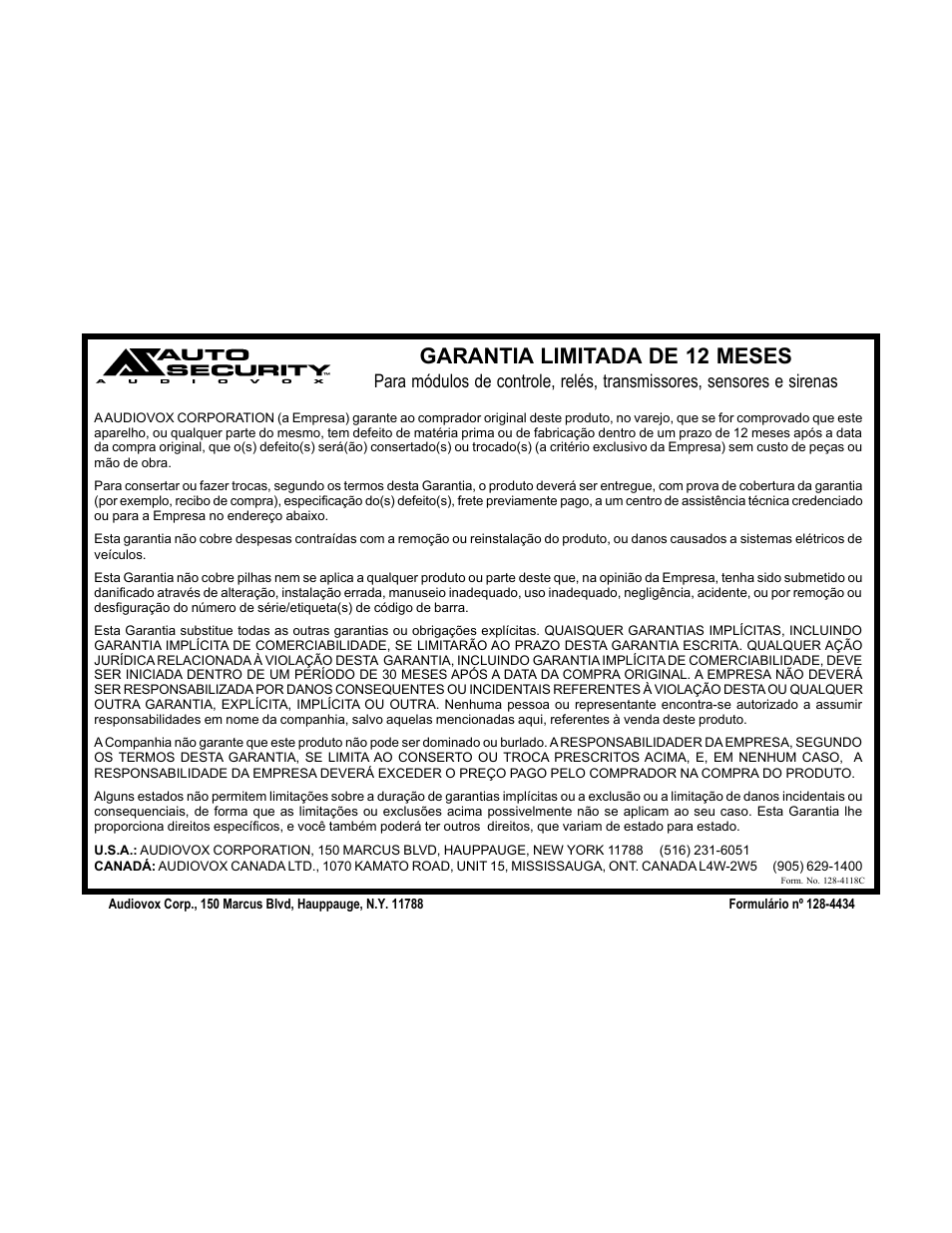 Garantia limitada de 12 meses | Audiovox AA-931 User Manual | Page 25 / 25