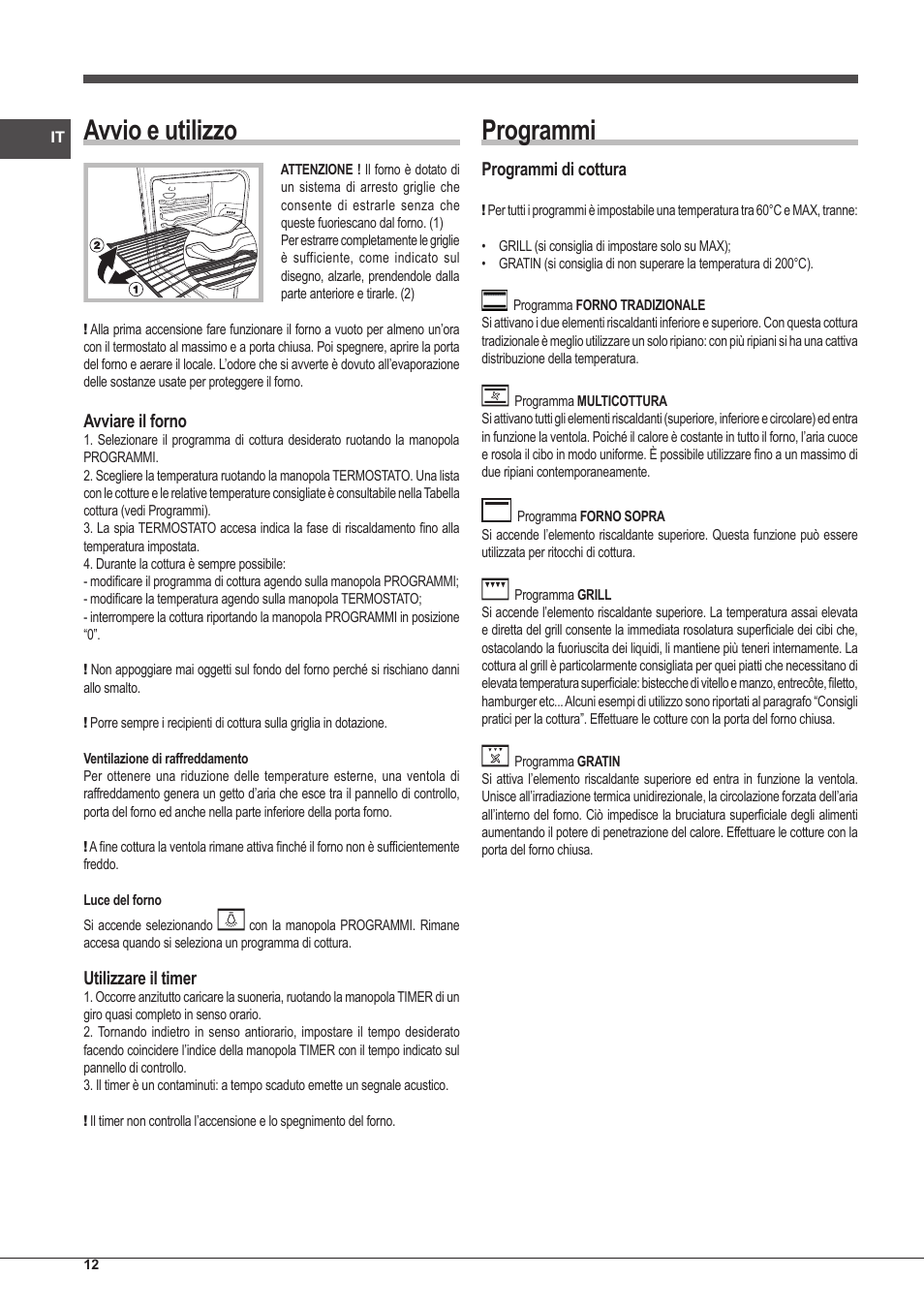 Avvio e utilizzo, Programmi, Avviare il forno | Utilizzare il timer, Programmi di cottura | Indesit FIM-51-K.A-(BK)-S User Manual | Page 12 / 48