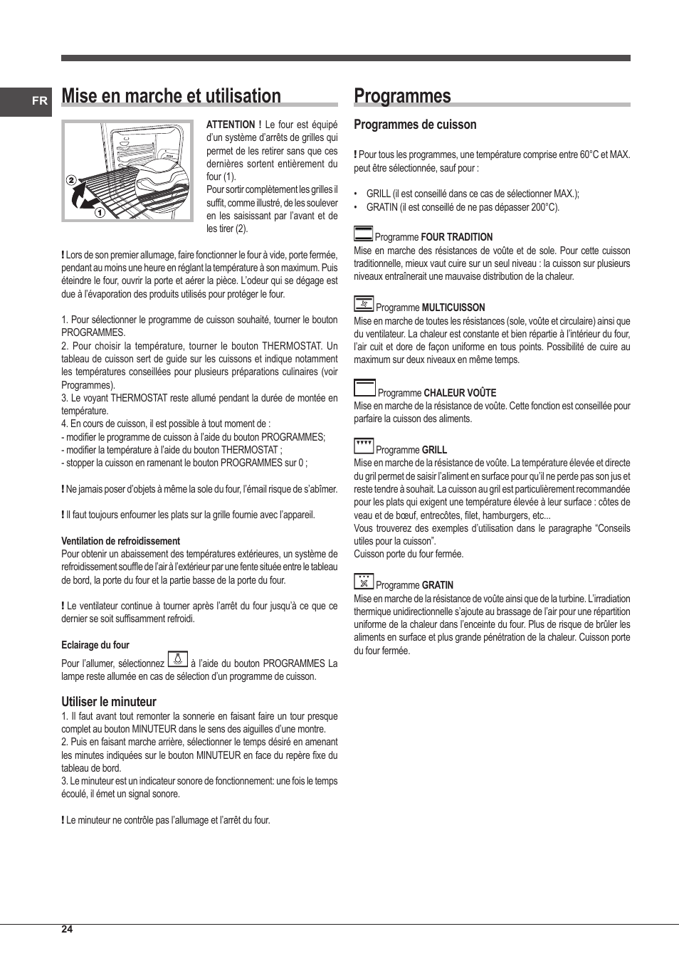 Mise en marche et utilisation, Programmes, Utiliser le minuteur | Programmes de cuisson | Indesit FIM-51-K.A-(BK)-S User Manual | Page 24 / 48