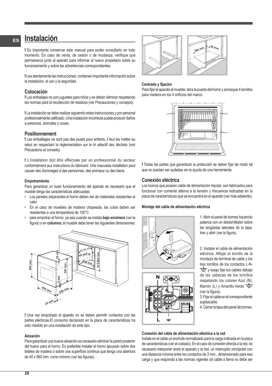 Instalación, Colocación, Positionnement | Conexión eléctrica | Indesit FIM-51-K.A-(BK)-S User Manual | Page 28 / 48