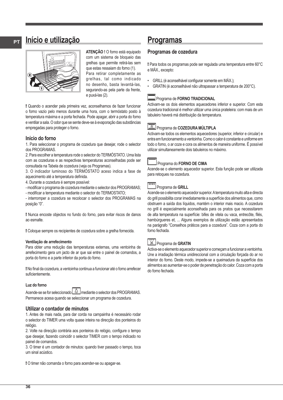 Início e utilização, Programas, Início do forno | Utilizar o contador de minutos, Programas de cozedura | Indesit FIM-51-K.A-(BK)-S User Manual | Page 36 / 48