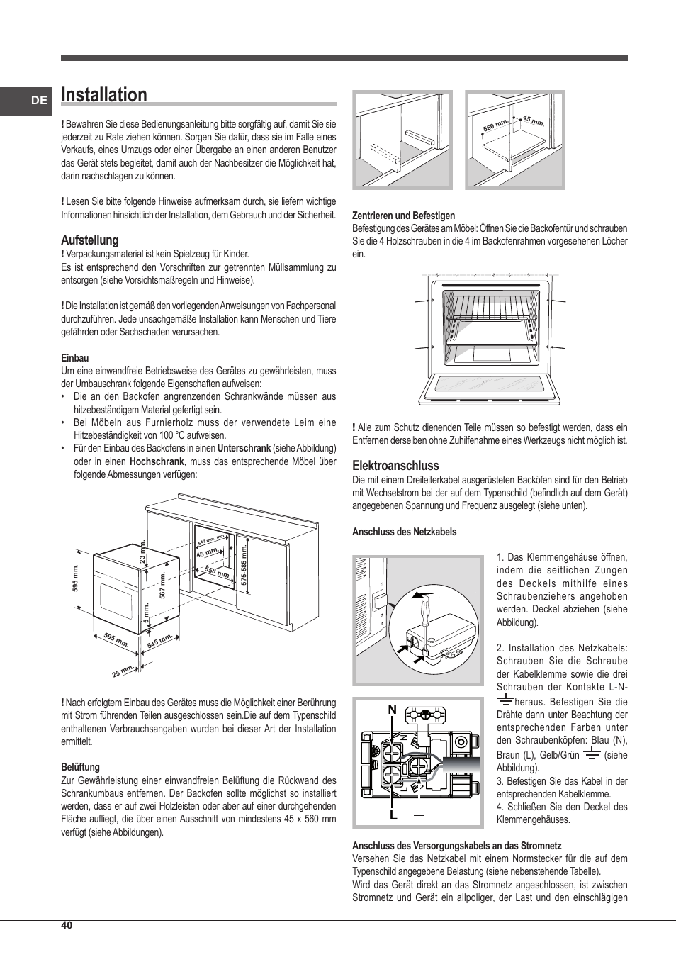 Installation, Aufstellung, Elektroanschluss | Indesit FIM-51-K.A-(BK)-S User Manual | Page 40 / 48