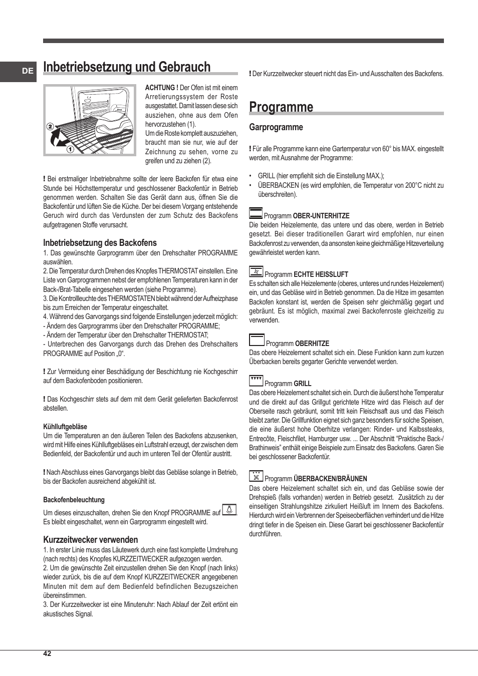 Inbetriebsetzung und gebrauch, Programme, Inbetriebsetzung des backofens | Kurzzeitwecker verwenden, Garprogramme | Indesit FIM-51-K.A-(BK)-S User Manual | Page 42 / 48