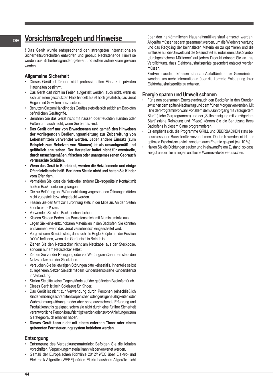 Vorsichtsmaßregeln und hinweise, Allgemeine sicherheit, Entsorgung | Energie sparen und umwelt schonen | Indesit FIM-51-K.A-(BK)-S User Manual | Page 44 / 48