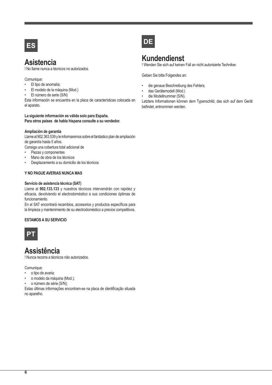 Asistencia, Assistência, Kundendienst | Indesit FIM-51-K.A-(BK)-S User Manual | Page 6 / 48