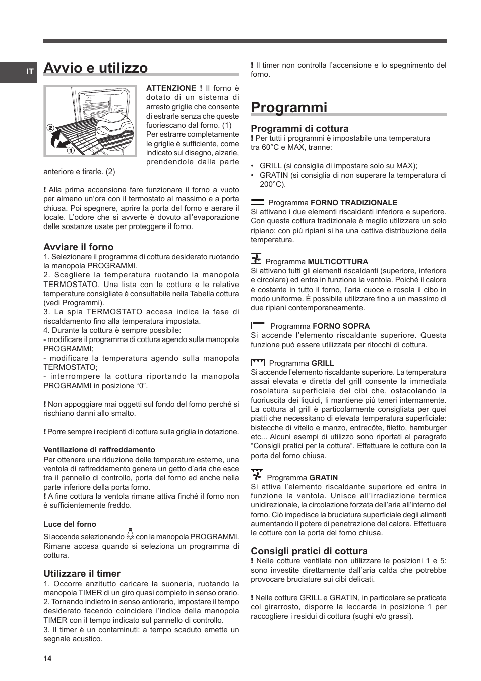 Avvio e utilizzo, Programmi, Avviare il forno | Utilizzare il timer, Programmi di cottura, Consigli pratici di cottura | Indesit IF-51-K.A-IX-S User Manual | Page 14 / 60