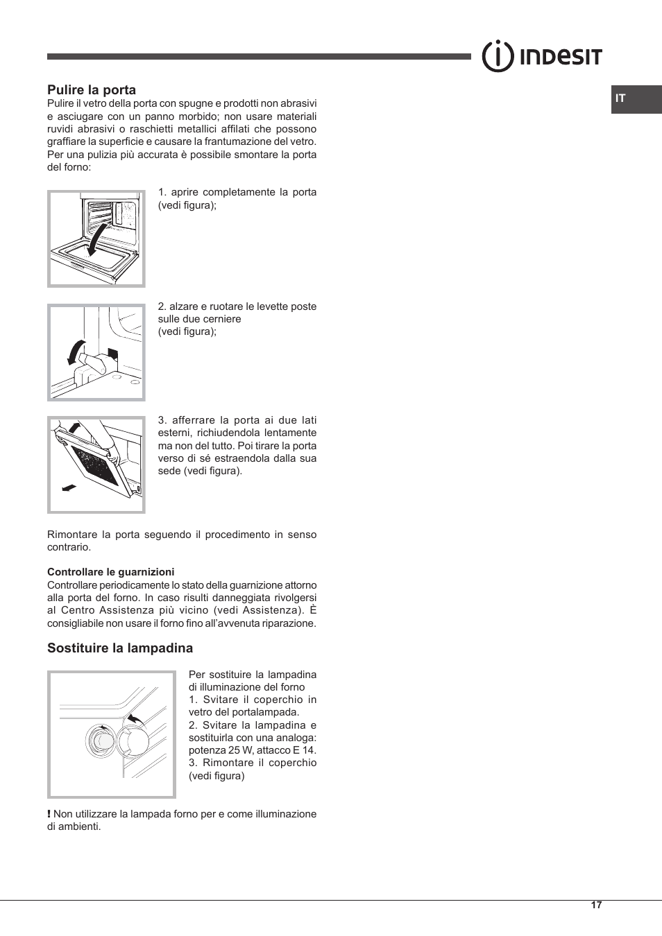 Pulire la porta, Sostituire la lampadina | Indesit IF-51-K.A-IX-S User Manual | Page 17 / 60