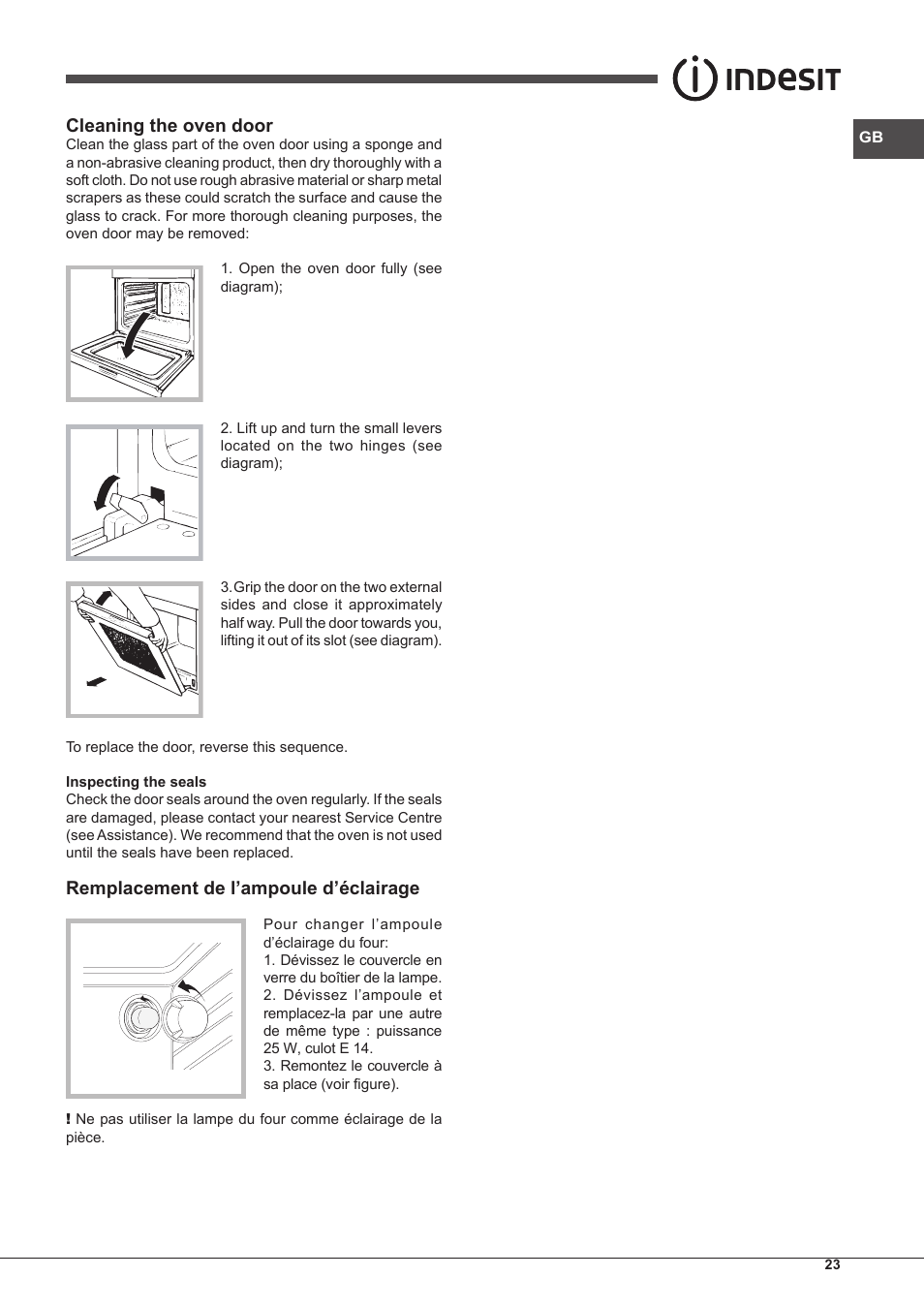 Cleaning the oven door, Remplacement de l’ampoule d’éclairage | Indesit IF-51-K.A-IX-S User Manual | Page 23 / 60