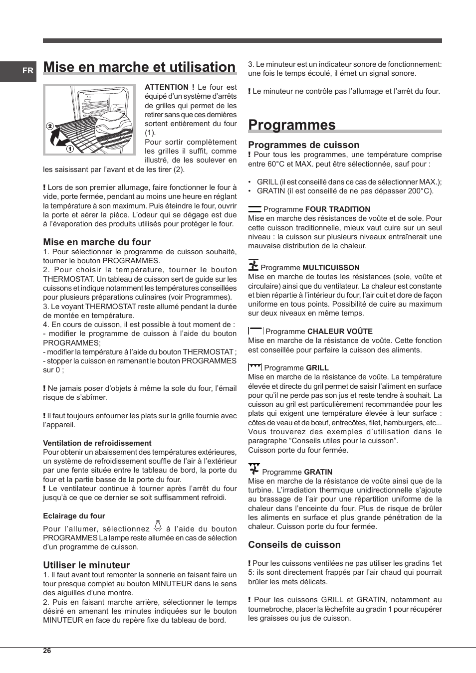 Mise en marche et utilisation, Programmes, Mise en marche du four | Utiliser le minuteur, Programmes de cuisson, Conseils de cuisson | Indesit IF-51-K.A-IX-S User Manual | Page 26 / 60