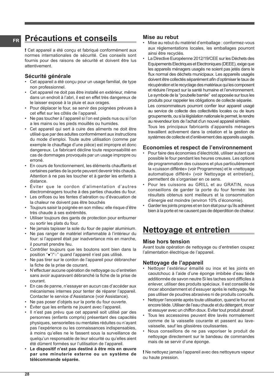 Précautions et conseils, Nettoyage et entretien, Sécurité générale | Mise au rebut, Economies et respect de l’environnement, Mise hors tension, Nettoyage de l’appareil | Indesit IF-51-K.A-IX-S User Manual | Page 28 / 60