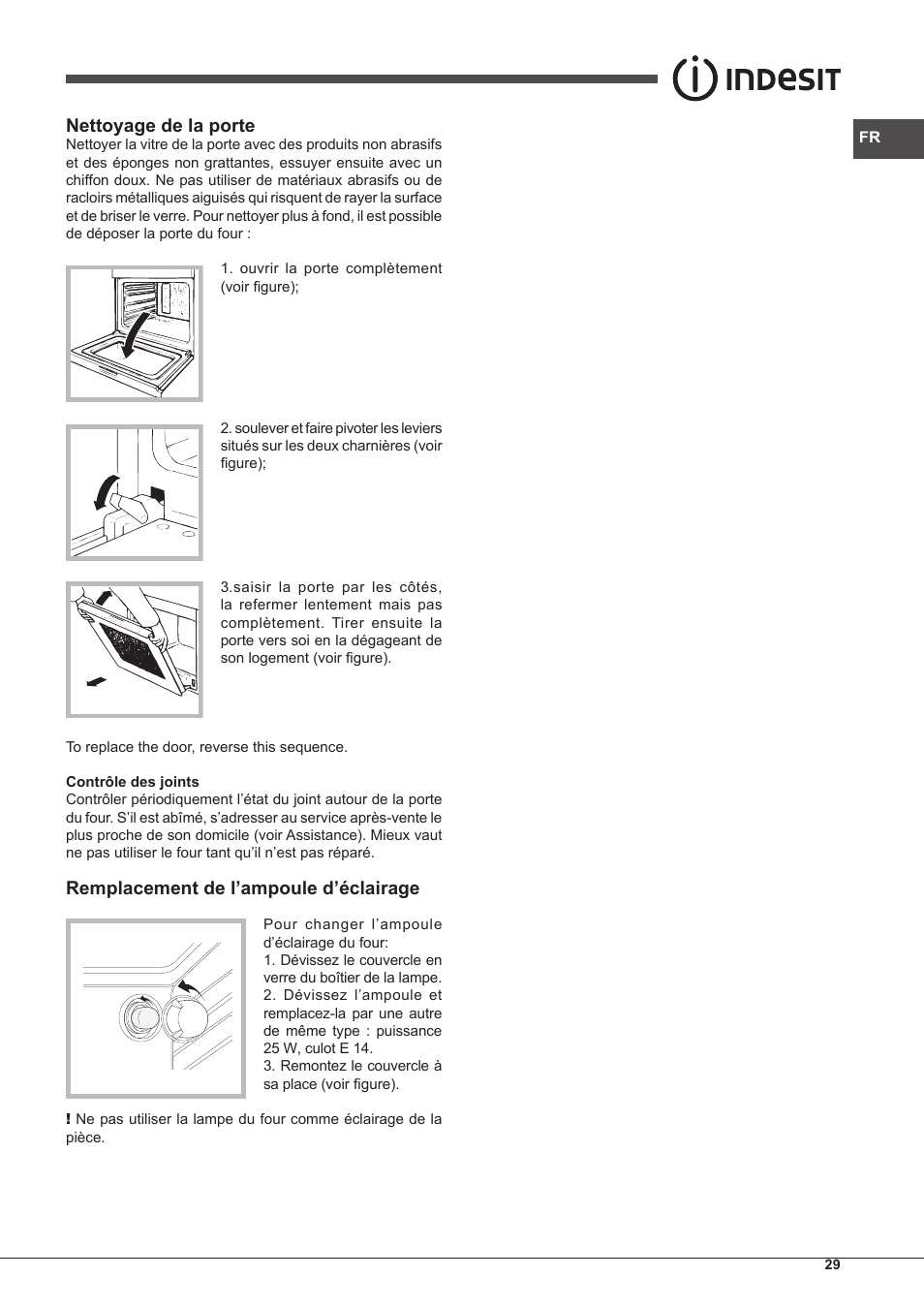 Nettoyage de la porte, Remplacement de l’ampoule d’éclairage | Indesit IF-51-K.A-IX-S User Manual | Page 29 / 60