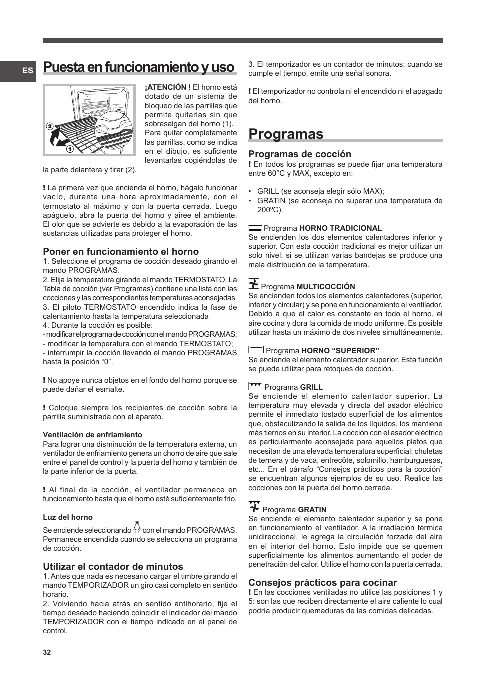 Puesta en funcionamiento y uso, Programas, Poner en funcionamiento el horno | Utilizar el contador de minutos, Programas de cocción, Consejos prácticos para cocinar | Indesit IF-51-K.A-IX-S User Manual | Page 32 / 60