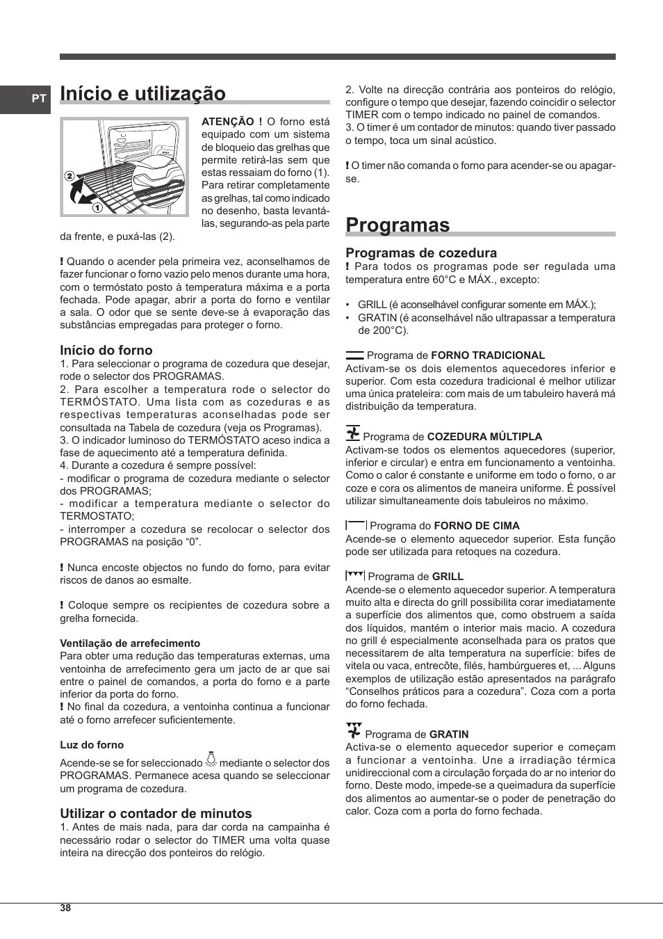 Início e utilização, Programas, Início do forno | Utilizar o contador de minutos, Programas de cozedura | Indesit IF-51-K.A-IX-S User Manual | Page 38 / 60