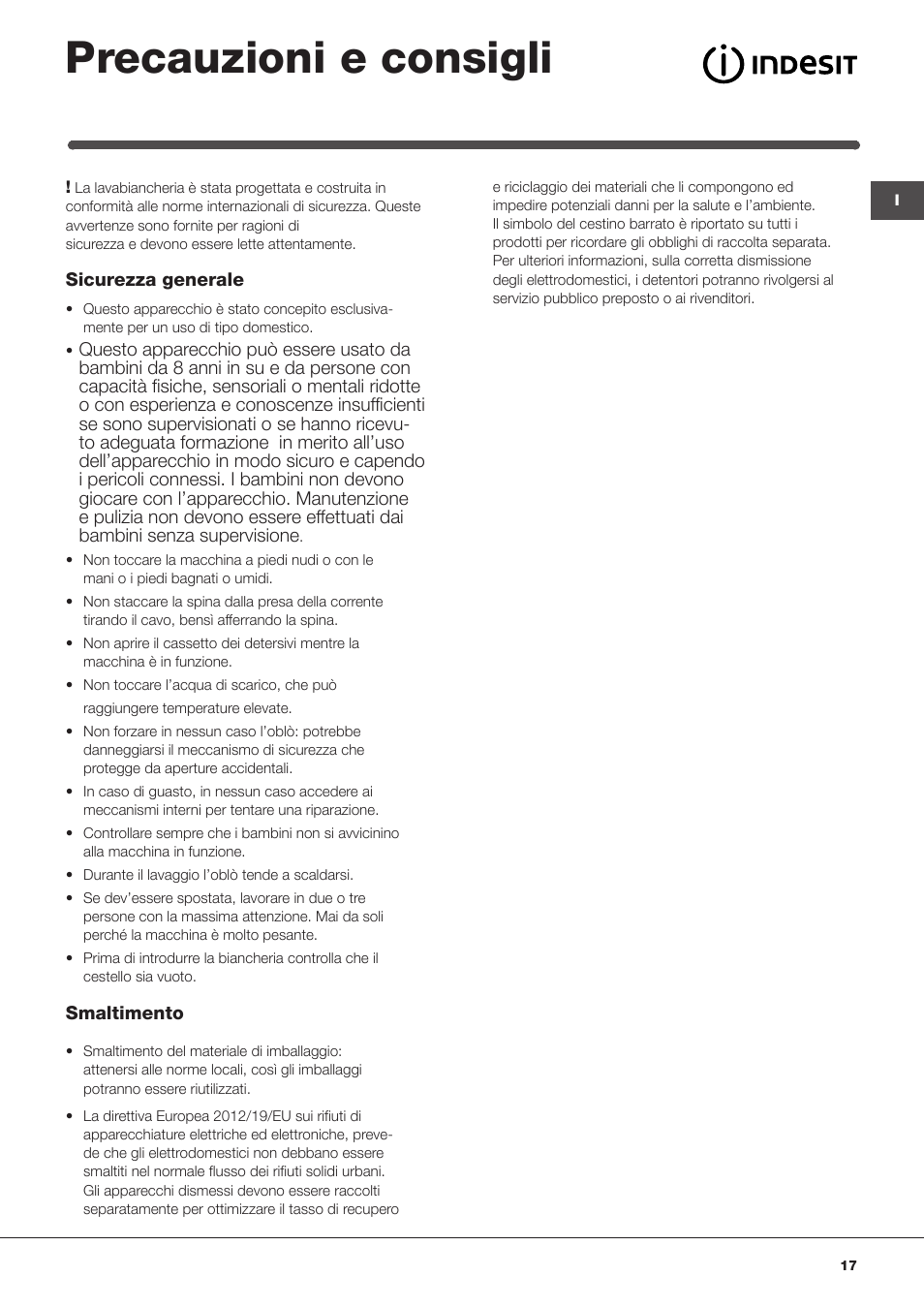 Precauzioni e consigli | Indesit IWUD-41252-C-ECO-EU User Manual | Page 17 / 84