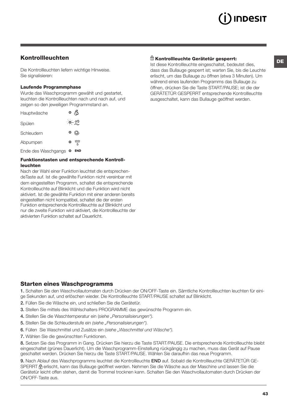 Kontrollleuchten, Starten eines waschprogramms | Indesit IWUD-41252-C-ECO-EU User Manual | Page 43 / 84