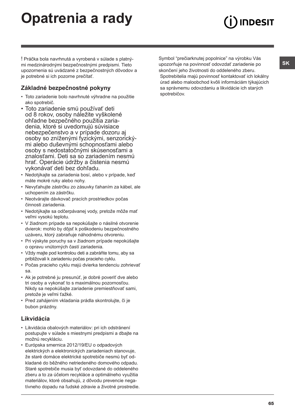 Opatrenia a rady | Indesit IWUD-41252-C-ECO-EU User Manual | Page 65 / 84