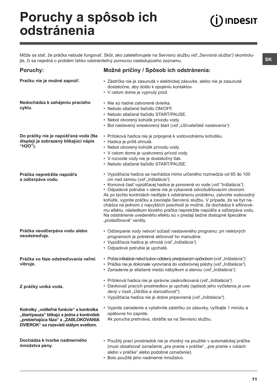 Poruchy a spôsob ich odstránenia | Indesit IWUD-41252-C-ECO-EU User Manual | Page 71 / 84