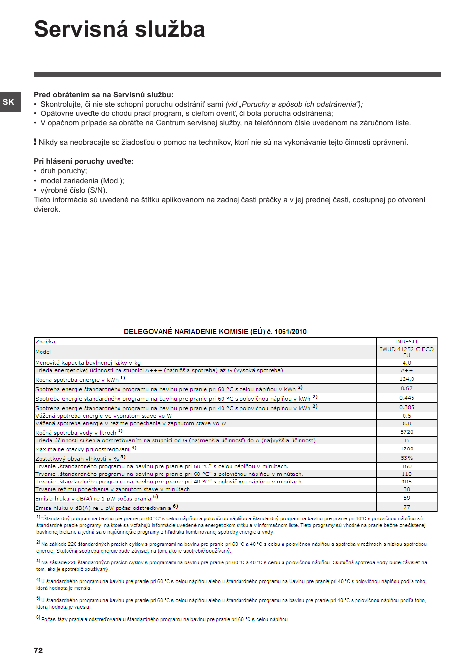 Servisná služba | Indesit IWUD-41252-C-ECO-EU User Manual | Page 72 / 84