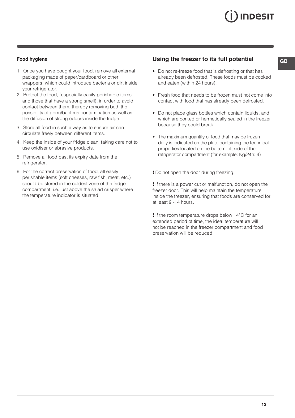 Using the freezer to its full potential | Indesit IN-SZ-2312 User Manual | Page 13 / 40