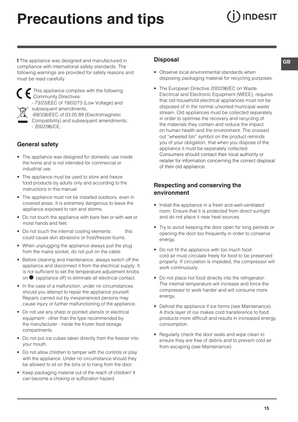 Precautions and tips | Indesit IN-SZ-2312 User Manual | Page 15 / 40