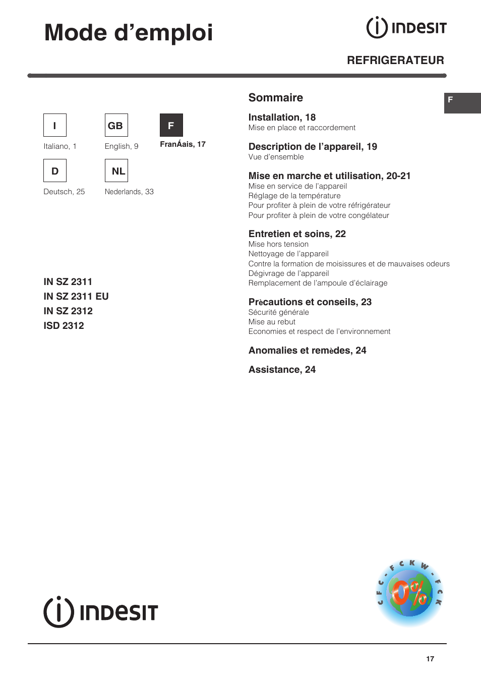 Mode d’emploi, Refrigerateur, Sommaire | Indesit IN-SZ-2312 User Manual | Page 17 / 40