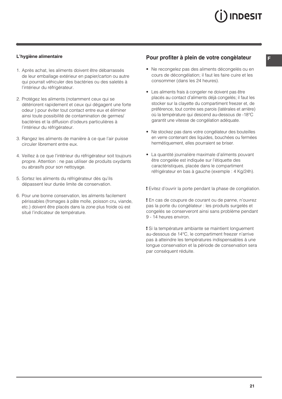 Pour profiter à plein de votre congèlateur | Indesit IN-SZ-2312 User Manual | Page 21 / 40