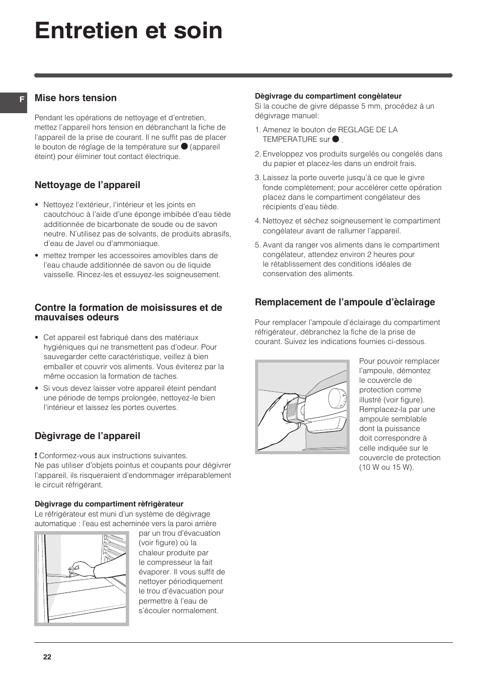 Entretien et soin | Indesit IN-SZ-2312 User Manual | Page 22 / 40