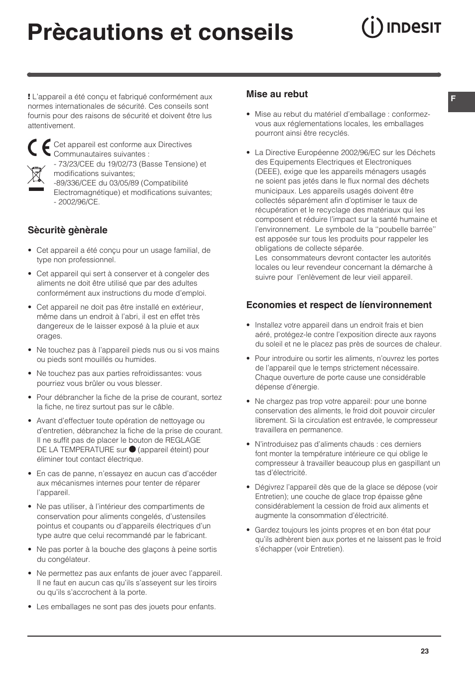 Prècautions et conseils | Indesit IN-SZ-2312 User Manual | Page 23 / 40