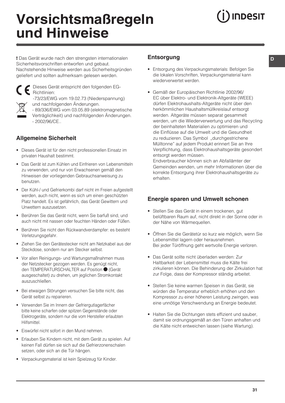Vorsichtsmaßregeln und hinweise | Indesit IN-SZ-2312 User Manual | Page 31 / 40