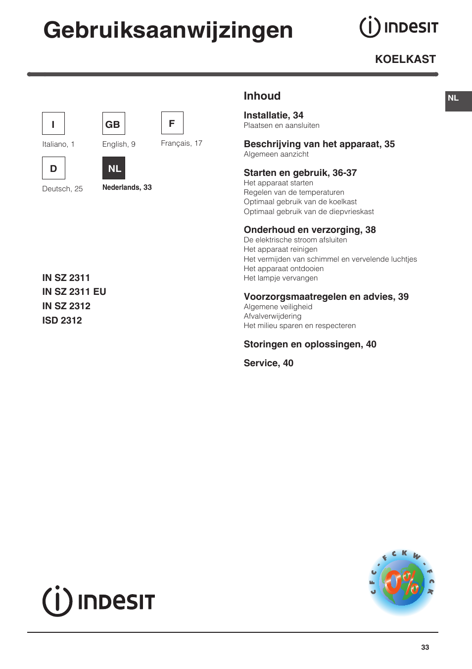 Gebruiksaanwijzingen, Koelkast, Inhoud | Indesit IN-SZ-2312 User Manual | Page 33 / 40