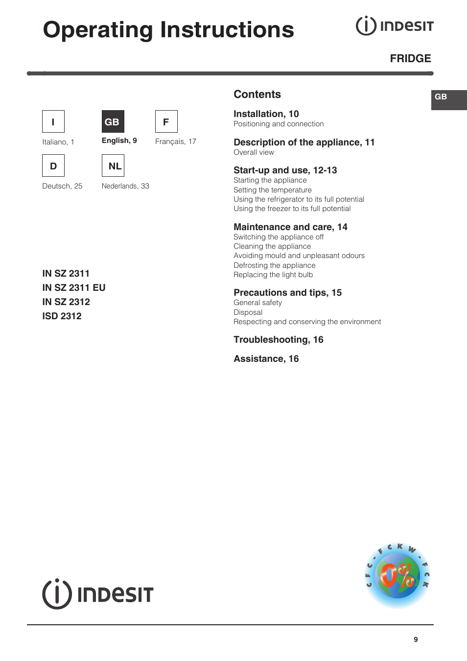 Operating instructions, Fridge contents | Indesit IN-SZ-2312 User Manual | Page 9 / 40
