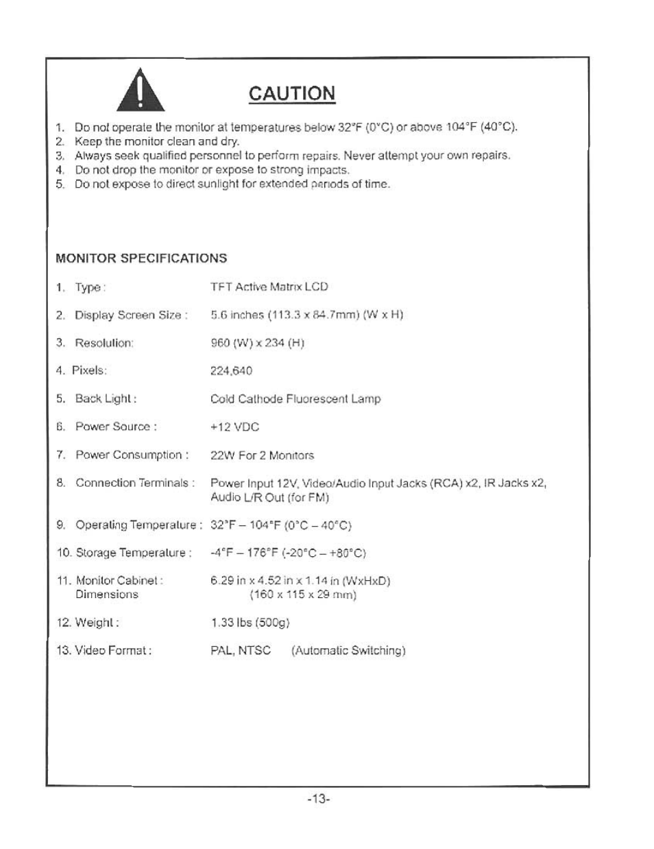 Caution | Audiovox LCM5620PKG User Manual | Page 14 / 16